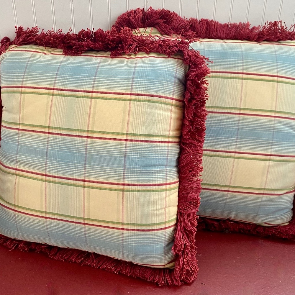 Throw Pillows in Blue, Yellow, Red. Fringe. Vintage Home Decor. Custom 18 x 18